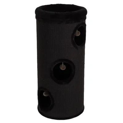 Tall black cylindrical scratching post with three circular openings, each containing a hanging ball toy inside.