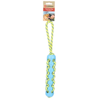 Flamingo Train Your Dog TRP gioco per cani, galleggiante, blu-giallo con manico a corda.