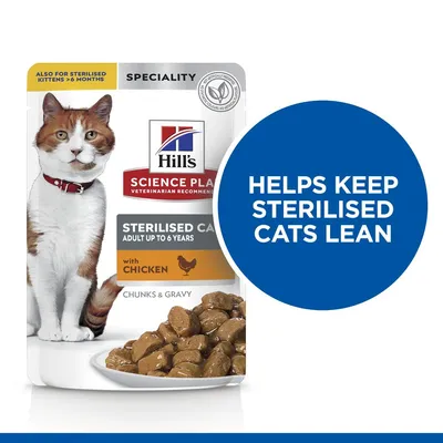 Sterilised cat food with chicken, suitable for adult cats up to 6 years and sterilised kittens over 6 months. Helps keep sterilised cats lean. Chunks and gravy shown.