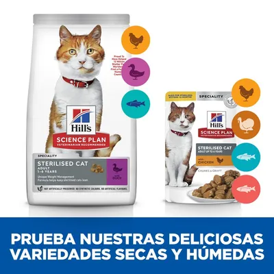 Hill's Science Plan Sterilised Cat Adult, pienso seco con pato y comida húmeda con pollo. Texto: 'PRUEBA NUESTRAS DELICIOSAS VARIEDADES SECAS Y HÚMEDAS'.