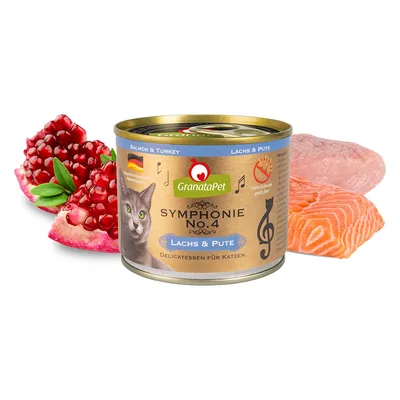 GranataPet Symphonie No.4 Lachs & Pute, Delicatessen für Katzen, ohne Getreide, hergestellt in Deutschland. Zutaten: Lachs, Pute, Granatapfel.