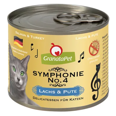Lata de comida para gatos GranataPet Symphonie No.4, sabor salmão e peru, com texto 'Ohne Getreide grain free', 'Hergestellt in Deutschland Made in Germany' e imagem de gato cinzento.