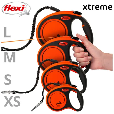 Flexi Xtreme trelas para cães nos tamanhos L, M, S e XS. Design laranja e preto com corda resistente e pega ergonómica.