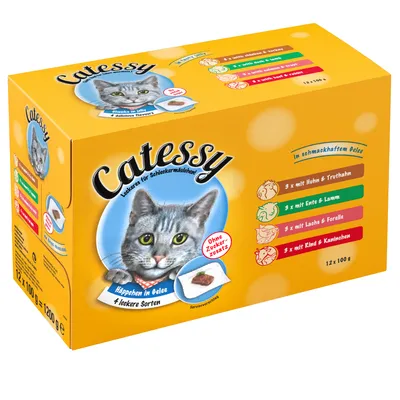 Emballage Catessy 12 x 100 g, bouchées en gelée, 4 variétés : poulet/dinde, canard/agneau, saumon/truite, bœuf/lapin. Texte visible en allemand. Sans ajout de sucre.