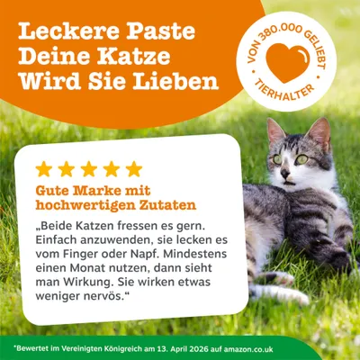 Leckere Paste für Katzen, von 380.000 Tierhaltern geliebt. Bewertung: Gute Marke mit hochwertigen Zutaten, einfach anzuwenden, Katzen fressen es gern, weniger nervös nach einem Monat.