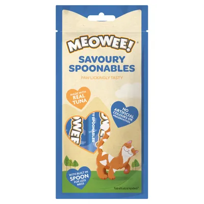 Meowee! Savoury Spoonables. Con vero tonno, senza coloranti o conservanti artificiali, cucchiaio integrato per meno disordine. Illustrazione di un gatto.