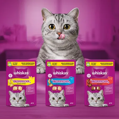 Whiskas Knuspertaschen mit Huhn & Käse, Lachs-Geschmack und Rind. Neue Verpackung, weniger Plastik, gleicher Geschmack. 60g Packungen mit Vitaminen und Mineralien.