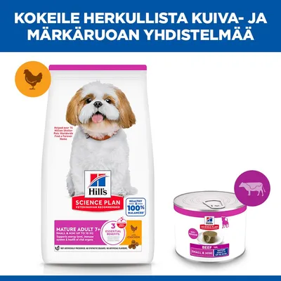 Hill's Science Plan Mature Adult 7+ Small & Mini -kuivaruoka kanalla ja märkäruoka naudalla pienille koirille alkaen 7-vuotiaasta, 3 olennaista hyötyä. Hill's Science Plan Mature Adult 7+ Small & Mini -kuivaruoka kanalla ja märkäruoka naudalla pienille koirille alkaen 7-vuotiaasta, 3 olennaista hyötyä.