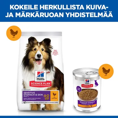 Hill's Science Plan Sensitive Stomach & Skin Adult 1+ kanan kanssa, kuivaruoka ja märkäruoka kuvassa. Teksti: Kokeile herkullista kuiva- ja märkäruoan yhdistelmää. Hill's Science Plan Sensitive Stomach & Skin Adult 1+ kanan kanssa, kuivaruoka ja märkäruoka kuvassa. Teksti: Kokeile herkullista kuiva- ja märkäruoan yhdistelmää.