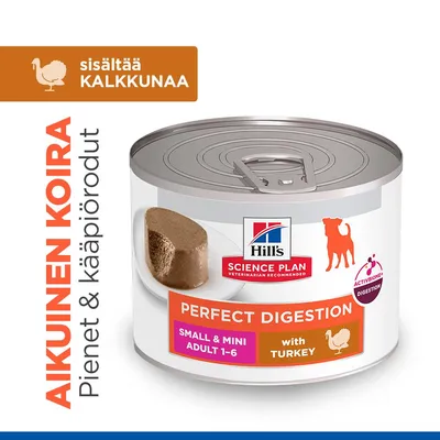 Hill's Science Plan Perfect Digestion Small & Mini Adult 1–6 kalkkunalla. Sisältää kalkkunaa. Pienille ja kääpiökoiraroduille. ActivBiome+ Digestion. Hill's Science Plan Perfect Digestion Small & Mini Adult 1–6 kalkkunalla. Sisältää kalkkunaa. Pienille ja kääpiökoiraroduille. ActivBiome+ Digestion.