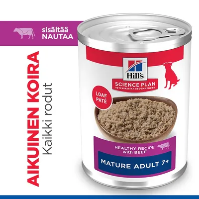 Hill's Science Plan Mature Adult 7+ Loaf Paté, Terveellinen resepti naudanlihalla, aikuisille koirille kaikista roduista, sisältää naudanlihaa. Hill's Science Plan Mature Adult 7+ Loaf Paté, Terveellinen resepti naudanlihalla, aikuisille koirille kaikista roduista, sisältää naudanlihaa.