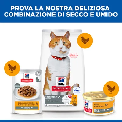 Hill's Science Plan Sterilised Cat Adult con pollo, combinazione di alimento secco e umido. Confezioni con immagine di gatto e simbolo del pollo visibili. Hill's Science Plan Sterilised Cat Adult con pollo, combinazione di alimento secco e umido. Confezioni con immagine di gatto e simbolo del pollo visibili.