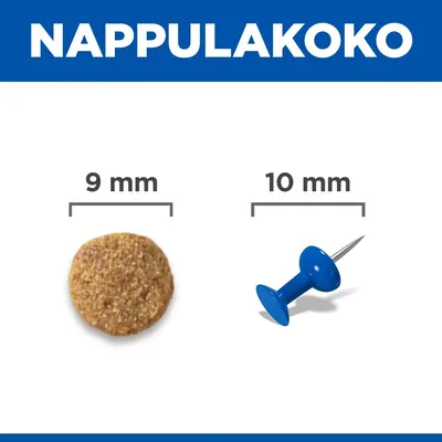 Krokettien kokojen vertailu: 9 mm halkaisijaltaan olevat kroketit 10 mm kokoisen nuppineulan vieressä koon vertailua varten.