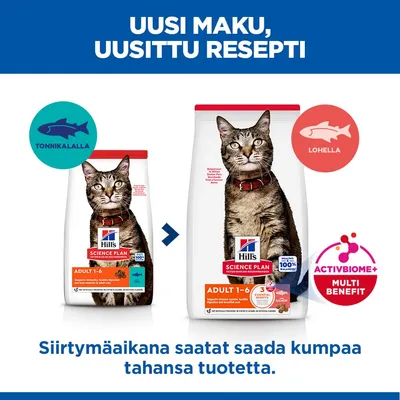 Hill's Science Plan Adult 1-6 kissanruoka, uusi resepti lohella tonnikalan sijaan, Huomautus: Siirtymävaiheen aikana voidaan toimittaa kumpaakin tuotetta.