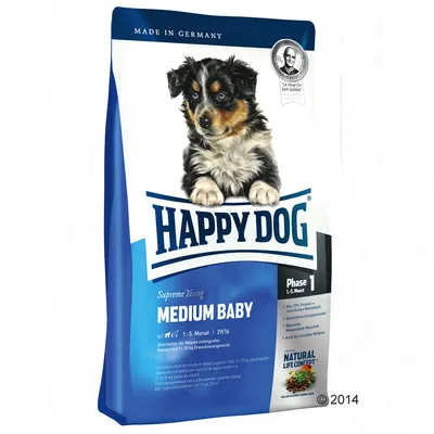 Happy Dog Supreme Young Medium Baby, krmivo pre šteňatá stredných plemien 1–5 mesiacov, Phase 1, vyrobené v Nemecku, Natural Life Concept, 29 % proteín, 16 % tuk