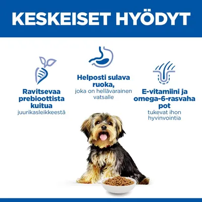 Raakakuitua juurikasmurskasta, helposti sulava ruoka, E-vitamiini ja omega-6-rasvahapot tukevat ihon terveyttä. Kuvassa koira ruokakupin kanssa. Raakakuitua juurikasmurskasta, helposti sulava ruoka, E-vitamiini ja omega-6-rasvahapot tukevat ihon terveyttä. Kuvassa koira ruokakupin kanssa.