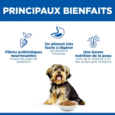 Principaux avantages : fibres prébiotiques issues de pulpe de betterave, aliment hautement digestible, bonne nutrition de la peau grâce à la vitamine E et aux acides gras oméga-6.