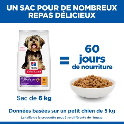 Hill's Science Plan Sensitive Stomach & Skin nourriture pour chien, sac de 6 kg, suffit pour 60 jours d'alimentation pour un chien de 5 kg. Les indications sont basées sur la taille d'un petit chien.