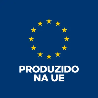Produzido na UE, rodeado por estrelas amarelas sobre fundo azul. Indicação de fabricação na União Europeia. Produzido na UE, rodeado por estrelas amarelas sobre fundo azul. Indicação de fabricação na União Europeia.
