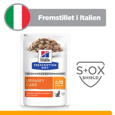 Hill's Prescription Diet Urinary Care c/d Multicare med kylling, S+OX Shield, fremstillet i Italien. Møre bidder i sovs. Anbefalet af dyrlæger.