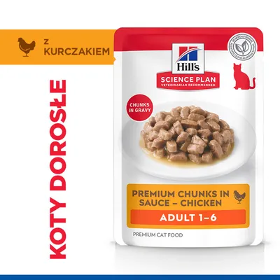 Hill's Science Plan Premium kawałki w sosie – kurczak, Adult 1-6, kawałki w sosie, dla dorosłych kotów, z kurczakiem. Hill's Science Plan Premium kawałki w sosie – kurczak, Adult 1-6, kawałki w sosie, dla dorosłych kotów, z kurczakiem.