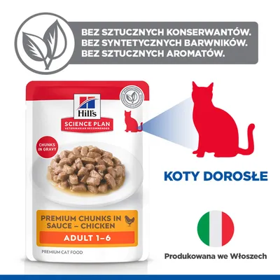 Hill's Science Plan Premium kawałki w sosie – kurczak Adult 1-6, bez sztucznych konserwantów, barwników i aromatów, dla dorosłych kotów, wyprodukowane we Włoszech. Hill's Science Plan Premium kawałki w sosie – kurczak Adult 1-6, bez sztucznych konserwantów, barwników i aromatów, dla dorosłych kotów, wyprodukowane we Włoszech.