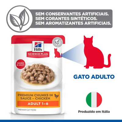 Hill's Science Plan Premium Pedaços em Molho Frango Adulto 1-6, sem conservantes, corantes ou aromatizantes artificiais. Para gatos adultos. Fabricado em Itália.