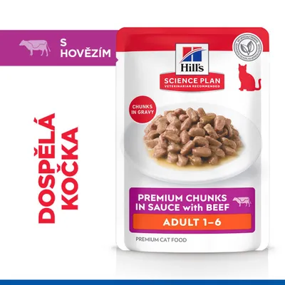 Hill's Science Plan Premium kousky v omáčce s hovězím, Adult 1-6, kousky v šťávě, prémiové krmivo pro kočky. Pro dospělé kočky s hovězím masem. Hill's Science Plan Premium kousky v omáčce s hovězím, Adult 1-6, kousky v šťávě, prémiové krmivo pro kočky. Pro dospělé kočky s hovězím masem.