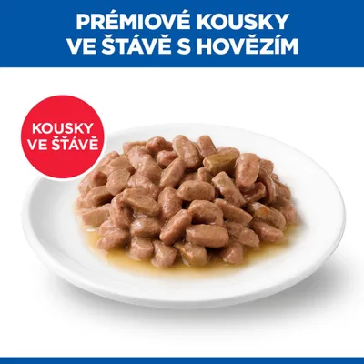 Miska s masovými kousky v omáčce, Text: Prémiové kousky v omáčce s hovězím masem, kousky v omáčce. Miska s masovými kousky v omáčce, Text: Prémiové kousky v omáčce s hovězím masem, kousky v omáčce.