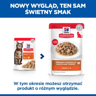 Hill's Science Plan Adult 1-6 karma dla kotów z indykiem, informacja o nowym wzornictwie opakowania. Produkt może być dostarczony w różnym wyglądzie. Hill's Science Plan Adult 1-6 karma dla kotów z indykiem, informacja o nowym wzornictwie opakowania. Produkt może być dostarczony w różnym wyglądzie.