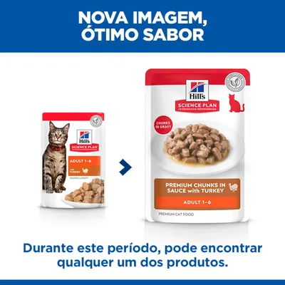 Hill's Science Plan Adult 1-6 pedaços em molho com peru: comparação entre o design antigo e o novo da embalagem, nome do produto e variedade visíveis.