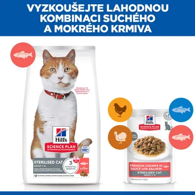 Hill's Science Plan Sterilised Cat granule a mokré krmivo s lososom pre dospelé mačky, viditeľné ikony pre kuracie, morčacie a rybu.