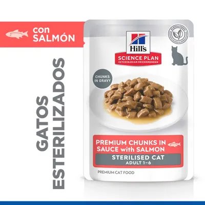 Hill's Science Plan Premium Trozos en Salsa con Salmón para gatos esterilizados, Adultos 1-6, comida húmeda con salmón, trozos en salsa.