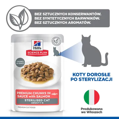 Hill's Science Plan Premium kawałki w sosie z łososiem dla wysterylizowanych kotów dorosłych 1–6. Bez sztucznych konserwantów, barwników, aromatów. Wyprodukowano we Włoszech. Hill's Science Plan Premium kawałki w sosie z łososiem dla wysterylizowanych kotów dorosłych 1–6. Bez sztucznych konserwantów, barwników, aromatów. Wyprodukowano we Włoszech.
