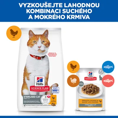 Hill's Science Plan Sterilised Cat Adult suché a mokré krmivo s kuracím mäsom. Zobrazené je kombinované balenie, viditeľné ikony pre kuracie, morčacie, rybu a lososa.