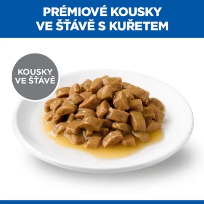 Tanier s kúskami mäsa v omáčke, Text: Prémiové kúsky v omáčke s kuracím mäsom, kúsky v omáčke.