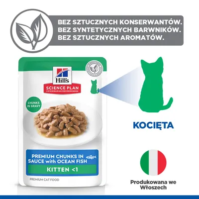 Hill's Science Plan Premium kawałki w sosie z rybą oceaniczną dla kociąt <1. Bez sztucznych konserwantów, barwników ani aromatów. Wyprodukowano we Włoszech. Hill's Science Plan Premium kawałki w sosie z rybą oceaniczną dla kociąt <1. Bez sztucznych konserwantów, barwników ani aromatów. Wyprodukowano we Włoszech.