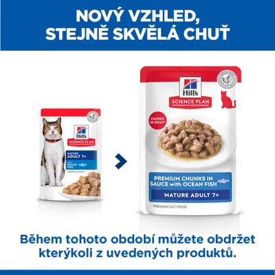Hill's Science Plan Mature Adult 7+ Prémiové kúsky v omáčke s oceánskou rybou, nový dizajn balenia. Počas prechodu môžu byť doručené obe balenia. Hill's Science Plan Mature Adult 7+ Prémiové kúsky v omáčke s oceánskou rybou, nový dizajn balenia. Počas prechodu môžu byť doručené obe balenia.