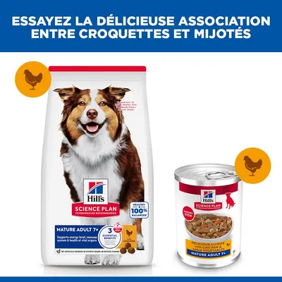 Hill's Science Plan Mature Adulte 7+ Croquettes et nourriture humide au poulet, indication sur la combinaison de croquettes et de ragoûts. Hill's Science Plan Mature Adulte 7+ Croquettes et nourriture humide au poulet, indication sur la combinaison de croquettes et de ragoûts.