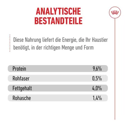 Analytische Bestandteile: Protein 9,6%, Rohfaser 0,5%, Fettgehalt 4,0%, Rohasche 1,4%. Diese Nahrung liefert Energie in der richtigen Menge und Form. Analytische Bestandteile: Protein 9,6%, Rohfaser 0,5%, Fettgehalt 4,0%, Rohasche 1,4%. Diese Nahrung liefert Energie in der richtigen Menge und Form.