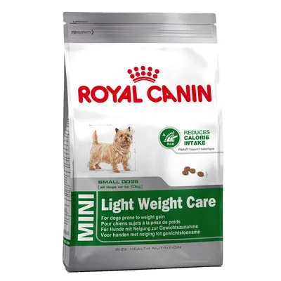 Pachet Royal Canin Mini Light Weight Care pentru câini de talie mică, text vizibil: 'Reduces Calorie Intake', imagine câine mic și crochete pe ambalaj.