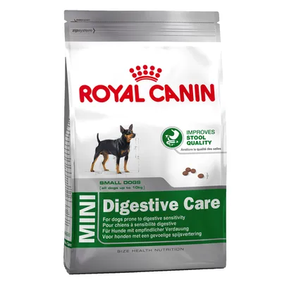 Pachet Royal Canin MINI Digestive Care pentru câini de talie mică, text vizibil: 'IMPROVES STOOL QUALITY', imagine câine mic și crochete, inscripții în engleză, franceză, germană, olandeză.