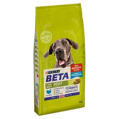 Bag labelled Purina Beta Large Breed Adult with turkey, new improved recipe, natural prebiotic for digestive health, no artificial colours, flavours or preservatives, 14kg.