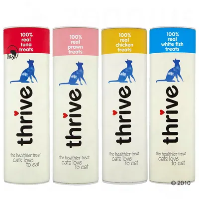 Four tubes labelled as 100% real tuna treats, prawn treats, chicken treats, and white fish treats. Text: the healthier treat cats love to eat.
