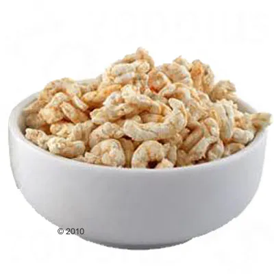 Bowl filled with dried shrimp pieces, shown as a pet food or treat option.