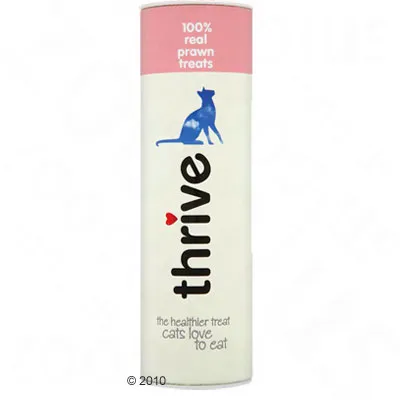 Tube labelled 100% real prawn treats, thrive, the healthier treat cats love to eat.