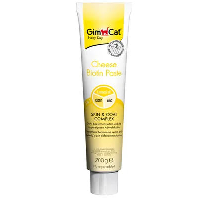 GimCat Cheese Biotin Paste, 200 g tuubi. Teksti: Linseed oil, Biotin, Zinc, Skin & Coat Complex, No sugar added, Every Day, VETERINARIAN RECOMMENDED.