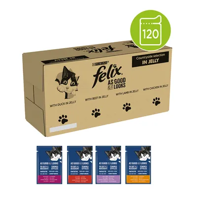 Balenie Purina Felix As Good As It Looks Countryside selection in jelly, 120 kapsičiek: s kačicou, hovädzím, jahňacím a kuracím v želé. Na balení sú zobrazené štyri druhy kapsičiek.