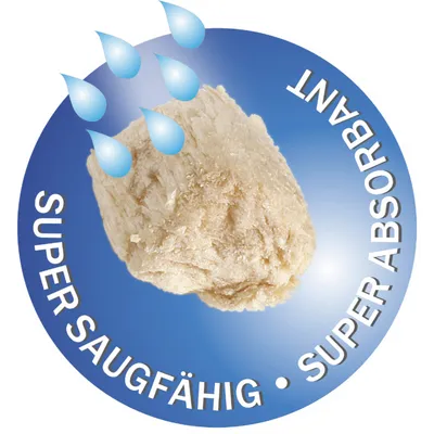 Texte en allemand et anglais : SUPER SAUGFÄHIG • SUPER ABSORBANT, avec gouttes d’eau sur un morceau de litière beige.
