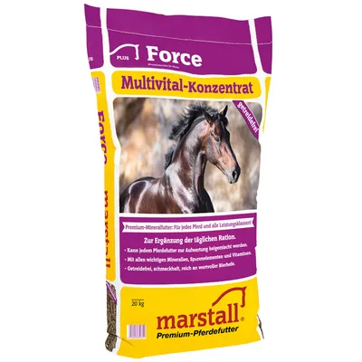 Marstall Force Multivital-концентрат, премиум минерална храна за коне. Без зърнени култури, с важни минерали, микроелементи и витамини. Допълнение към дневната дажба, 20 кг.